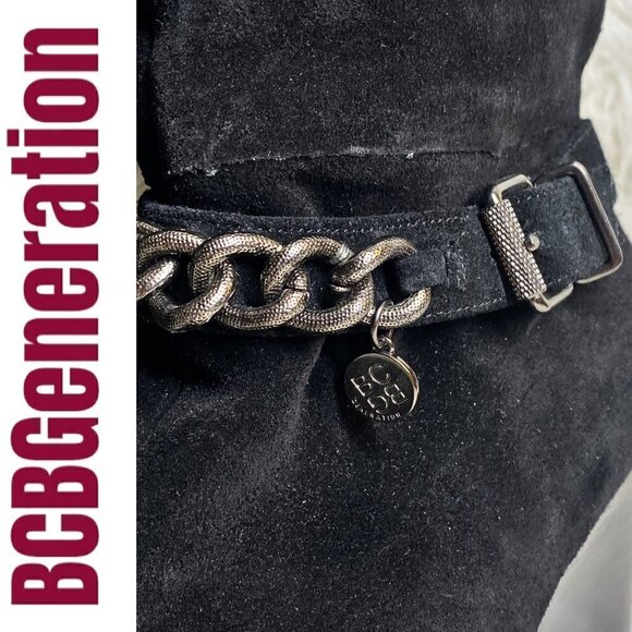 BCBGeneration Merryl Black Genuine Suede Tall Wedge Chain Link Boots, Size 9 - Picture 4 of 12
